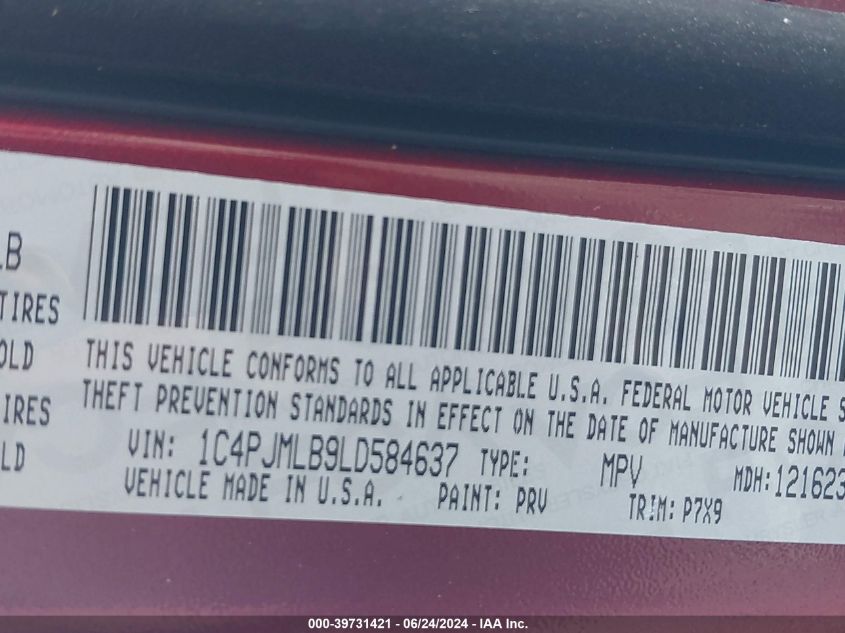 2020 Jeep Cherokee Latitude Plus 4X4 VIN: 1C4PJMLB9LD584637 Lot: 39731421