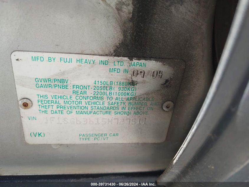 2005 Subaru Forester 2.5X VIN: JF1SG63615H727511 Lot: 39731430