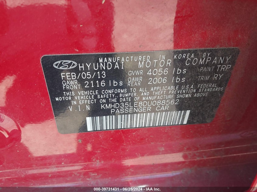 2013 Hyundai Elantra Gt VIN: KMHD35LE8DU088562 Lot: 39731431