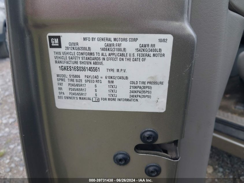 2003 GMC Envoy Xl Sle VIN: 1GKES16S036145561 Lot: 39731438