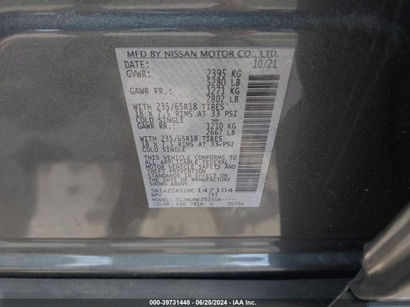 2021 Nissan Murano S VIN: 5N1AZ2AS2MC147104 Lot: 39731448