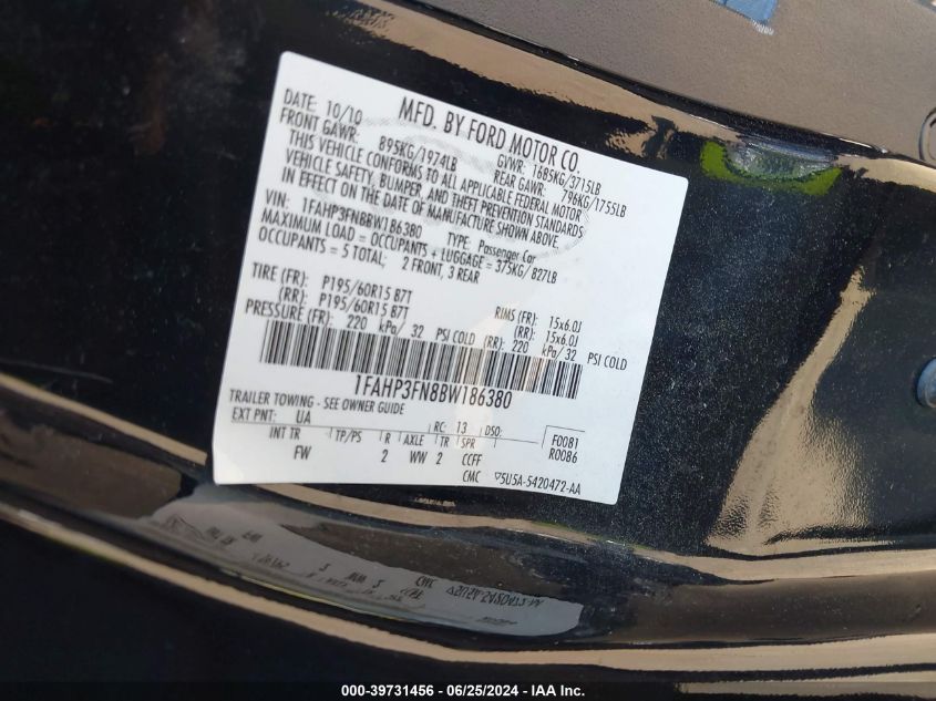 2011 Ford Focus Se VIN: 1FAHP3FN8BW186380 Lot: 39731456