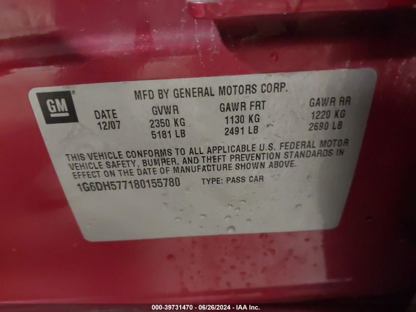 2008 Cadillac Cts VIN: 1G6DH577180155780 Lot: 39731470