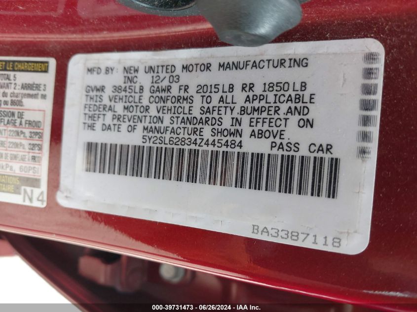 2004 Pontiac Vibe VIN: 5Y2SL62834Z445484 Lot: 39731473