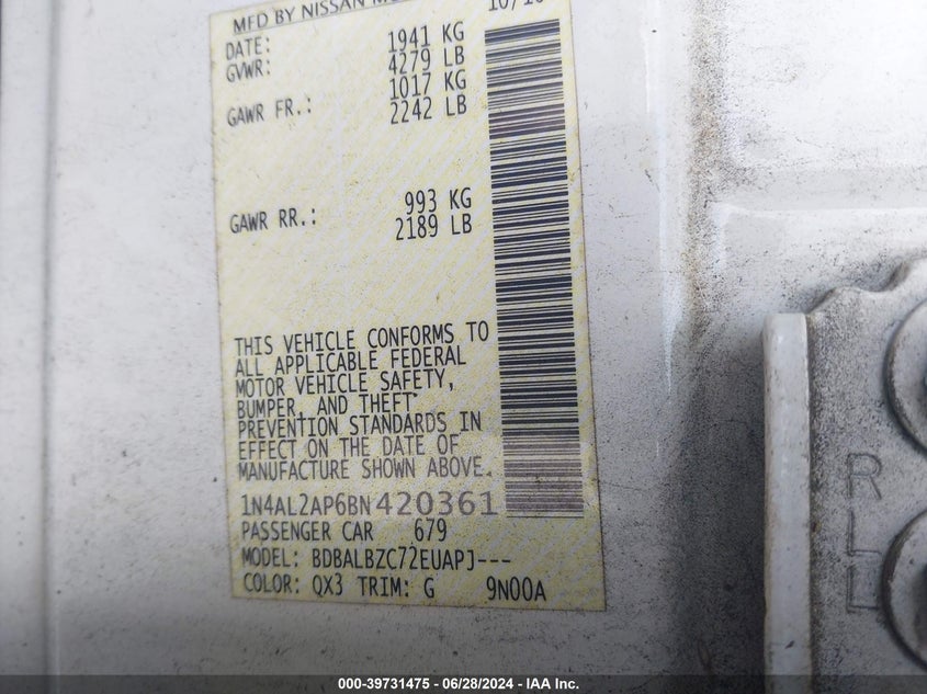 2011 Nissan Altima 2.5 S VIN: 1N4AL2AP6BN420361 Lot: 39731475