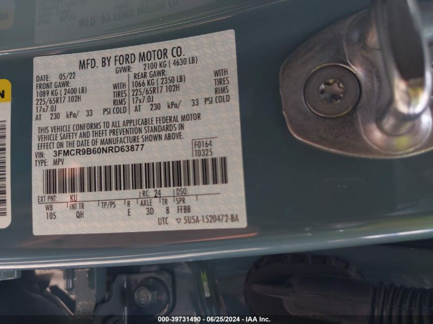 2022 Ford Bronco Sport Big Bend VIN: 3FMCR9B60NRD63877 Lot: 39731490