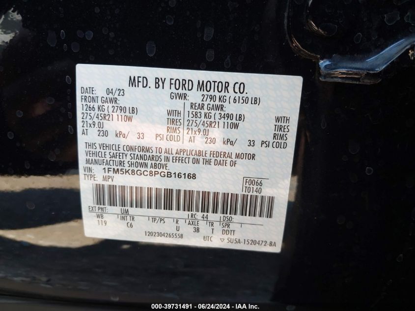 2023 Ford Explorer St VIN: 1FM5K8GC8PGB16168 Lot: 39731491