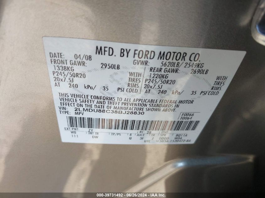 2008 Lincoln Mkx VIN: 2LMDU88C38BJ28830 Lot: 39731492