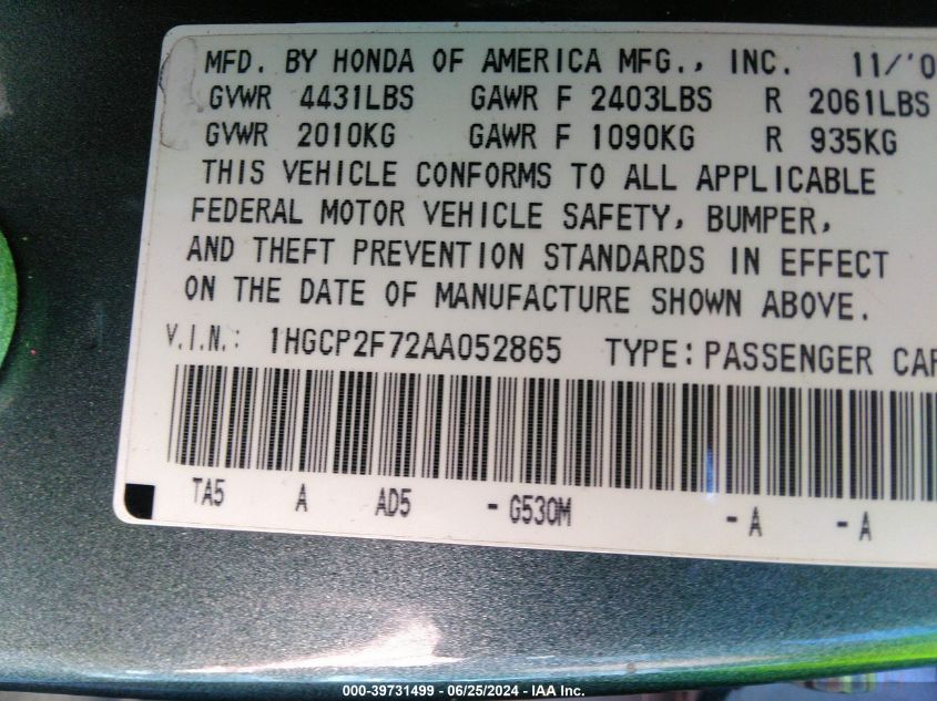 2010 Honda Accord 2.4 Ex VIN: 1HGCP2F72AA052865 Lot: 39731499