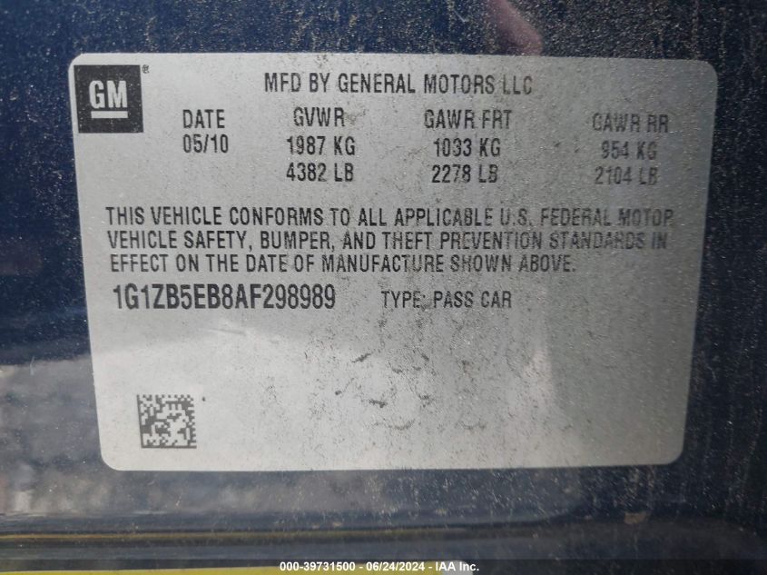 2010 Chevrolet Malibu Ls VIN: 1G1ZB5EB8AF298989 Lot: 39731500