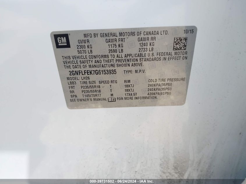 2016 Chevrolet Equinox Lt VIN: 2GNFLFEK7G6153935 Lot: 39731502