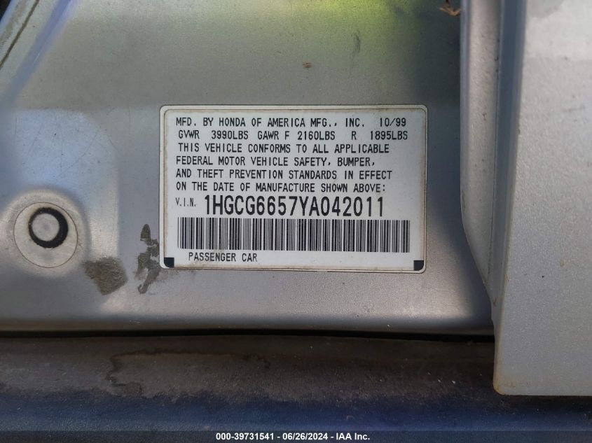 1HGCG6657YA042011 | 2000 HONDA ACCORD