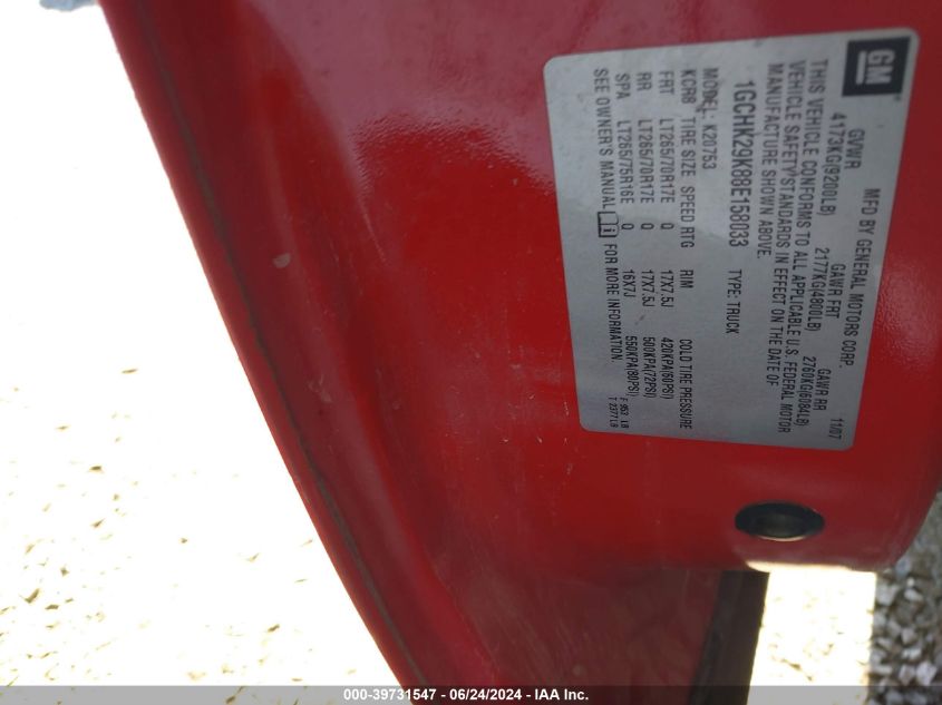 2008 Chevrolet Silverado 2500Hd Lt2 VIN: 1GCHK29K88E158033 Lot: 39731547