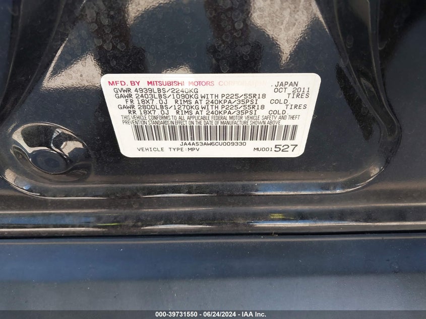 2012 Mitsubishi Outlander Se VIN: JA4AS3AW6CU009330 Lot: 39731550