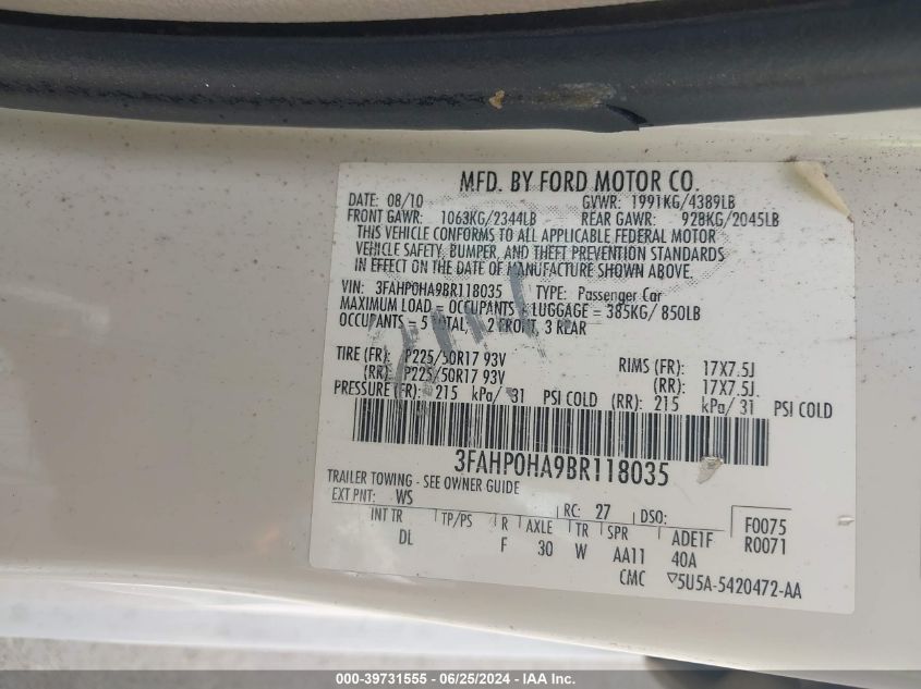 2011 Ford Fusion Se VIN: 3FAHP0HA9BR118035 Lot: 39731555