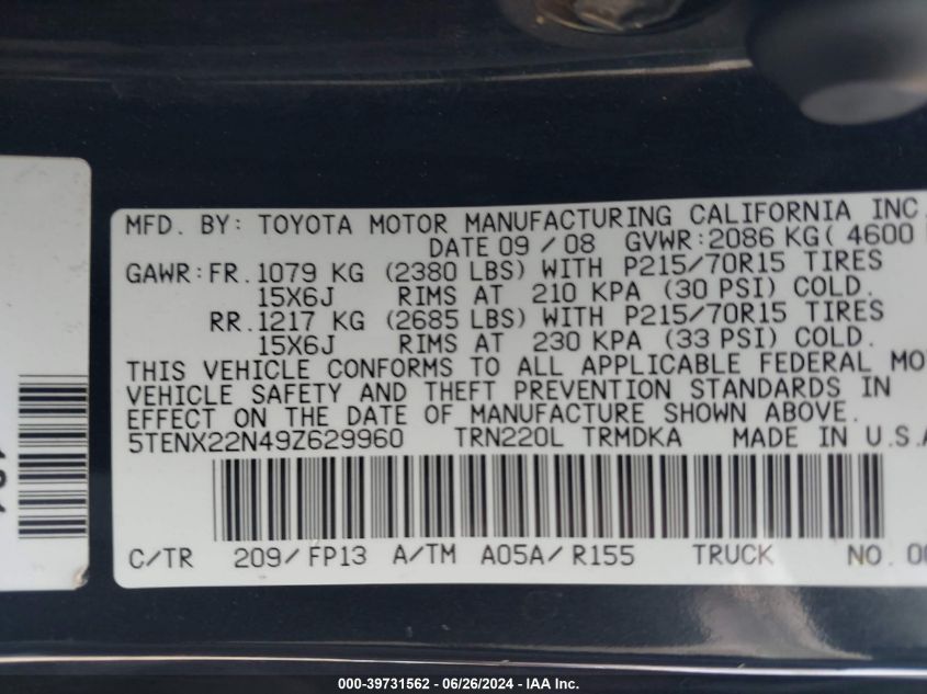 2009 Toyota Tacoma VIN: 5TENX22N49Z629960 Lot: 39731562