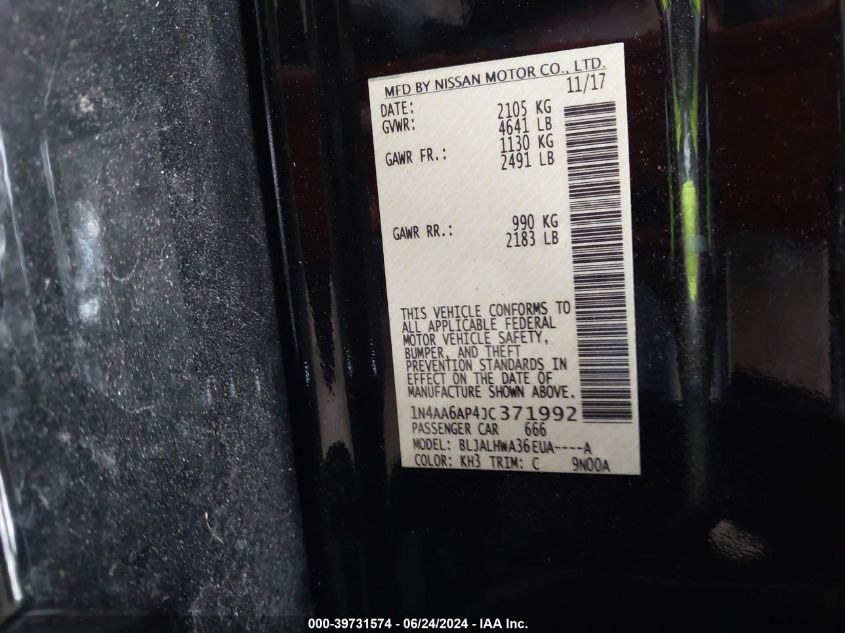 2018 Nissan Maxima 3.5 Platinum VIN: 1N4AA6AP4JC371992 Lot: 39731574