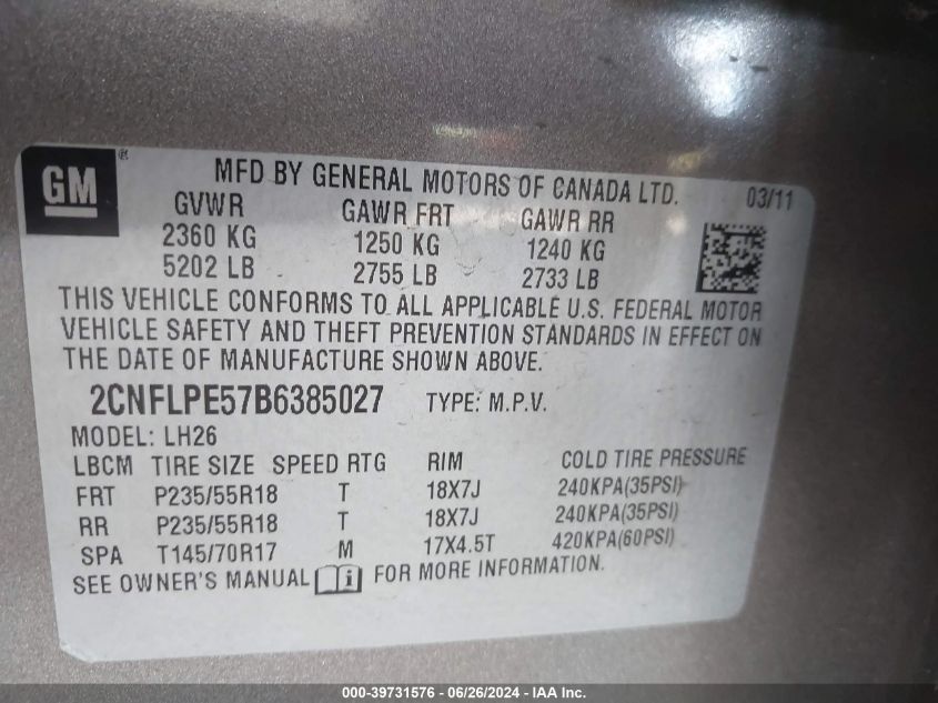 2011 Chevrolet Equinox 2Lt VIN: 2CNFLPE57B6385027 Lot: 39731576