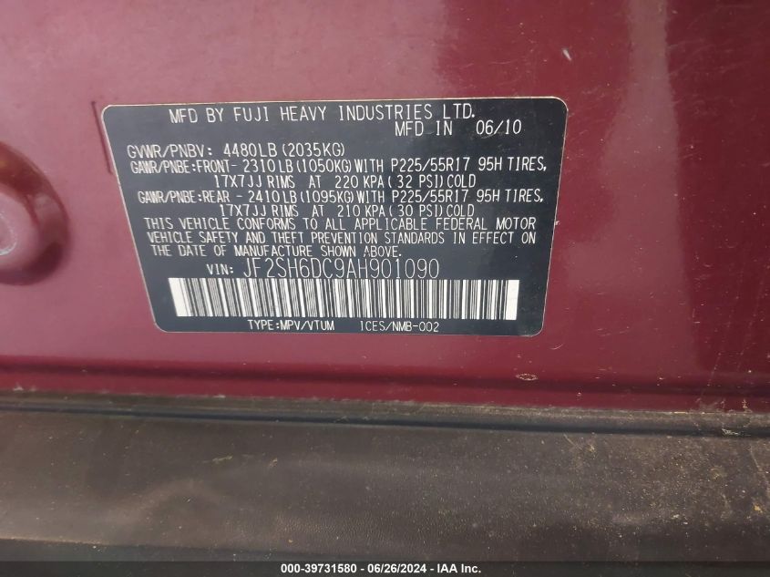 2010 Subaru Forester 2.5X Limited VIN: JF2SH6DC9AH901090 Lot: 39731580