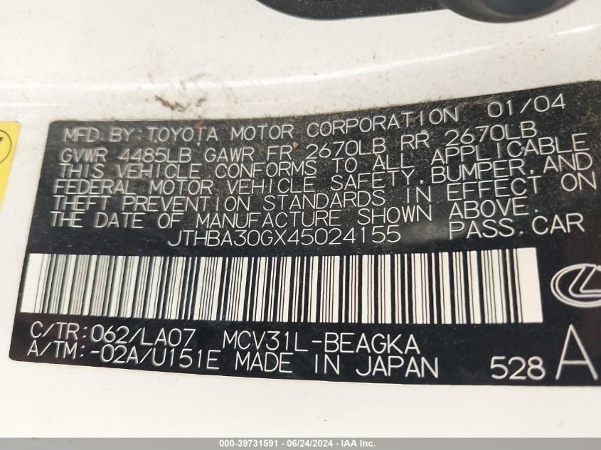 2004 Lexus Es 330 VIN: JTHBA30GX45024155 Lot: 39731591