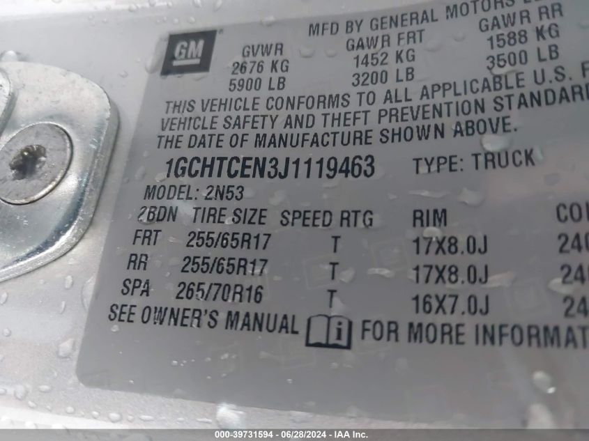 2018 Chevrolet Colorado Lt VIN: 1GCHTCEN3J1119463 Lot: 39731594