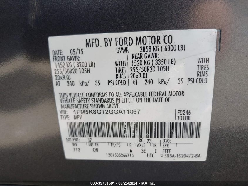 2016 Ford Explorer Sport VIN: 1FM5K8GT2GGA11867 Lot: 39731601