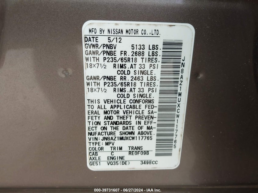 2012 Nissan Murano S/Sl/Le VIN: JN8AZ1MUXCW117765 Lot: 39731607