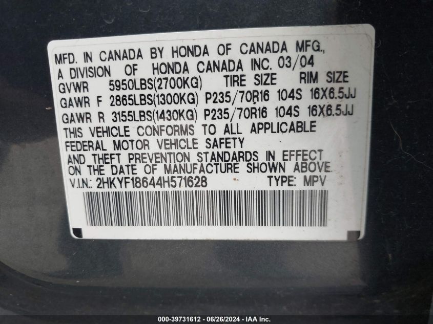 2004 Honda Pilot Ex-L VIN: 2HKYF18644H571628 Lot: 39731612