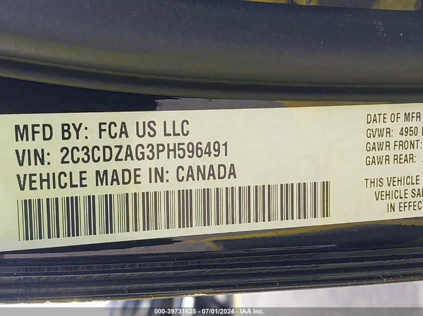 2023 Dodge Challenger Sxt VIN: 2C3CDZAG3PH596491 Lot: 39731625