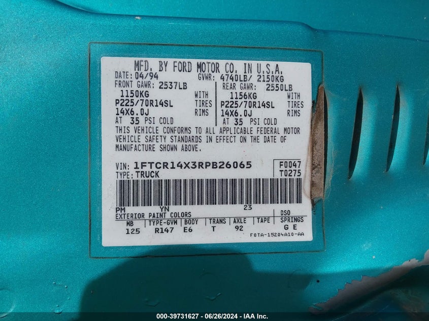 1994 Ford Ranger Super Cab VIN: 1FTCR14X3RPB26065 Lot: 39731627