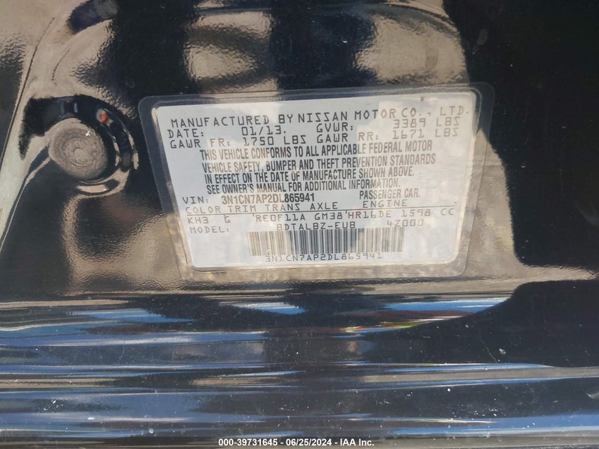 2013 Nissan Versa S/S Plus/Sv/Sl VIN: 3N1CN7AP2DL865941 Lot: 39731645