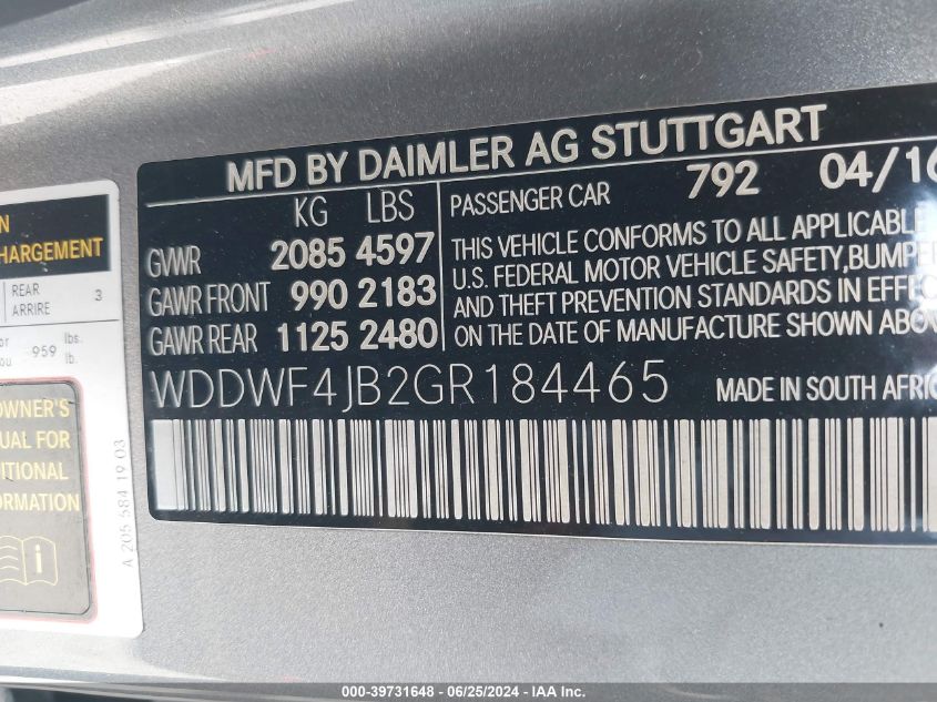 2016 Mercedes-Benz C 300 Luxury/Sport VIN: WDDWF4JB2GR184465 Lot: 39731648