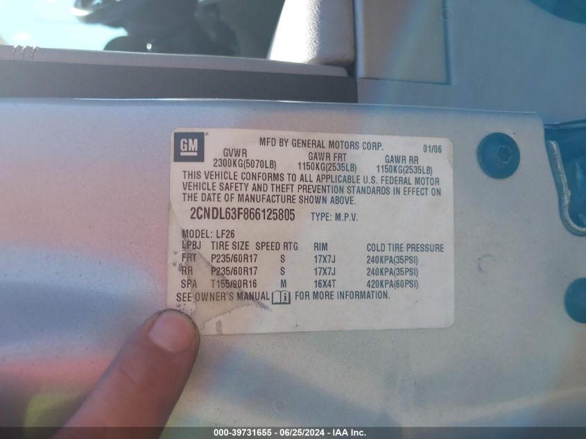 2006 Chevrolet Equinox Lt VIN: 2CNDL63F866125805 Lot: 39731655