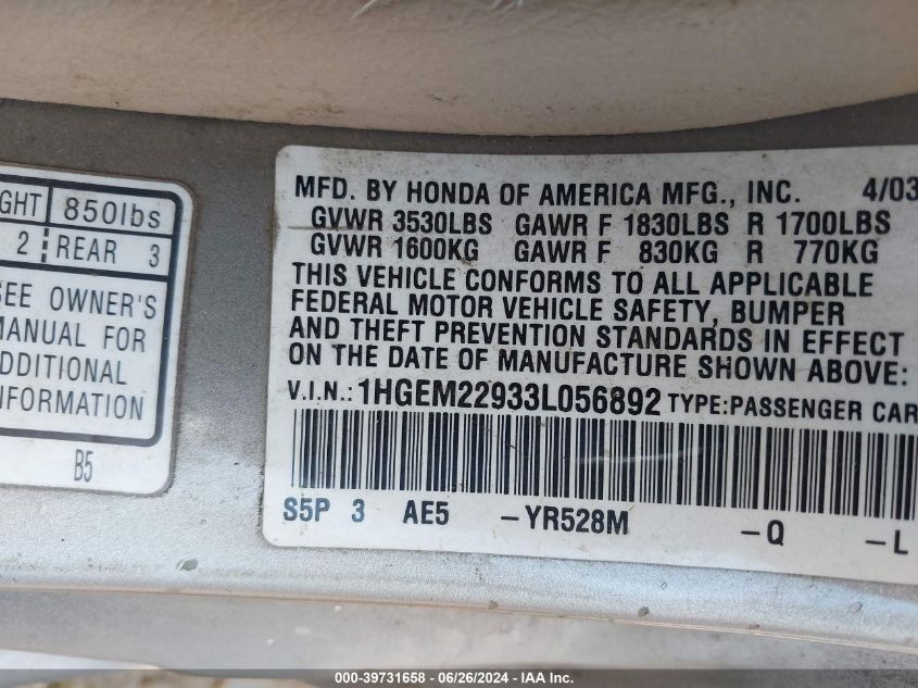 2003 Honda Civic Ex VIN: 1HGEM22933L056892 Lot: 39731658