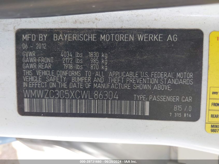 2012 Mini Cooper S Countryman VIN: WMWZC3C5XCWL86304 Lot: 39731660