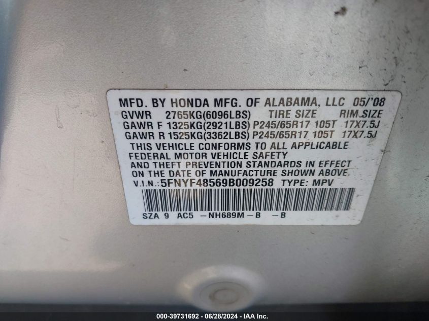 2009 Honda Pilot Exl VIN: 5FNYF48569B009258 Lot: 39731692