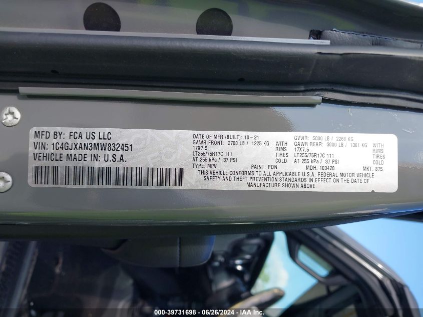 2021 Jeep Wrangler Sport VIN: 1C4GJXAN3MW832451 Lot: 39731698