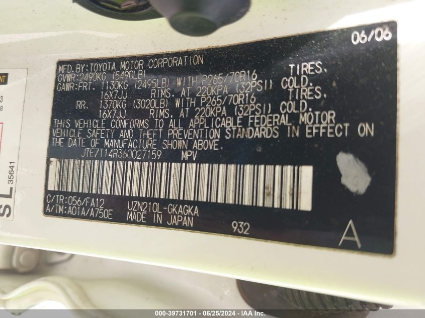 2006 Toyota 4Runner Sr5 V8 VIN: JTEZT14R360027159 Lot: 39731701