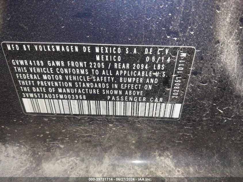 2015 Volkswagen Golf Gti 2.0T S 4-Door VIN: 3VW5T7AU3FM003968 Lot: 39731714