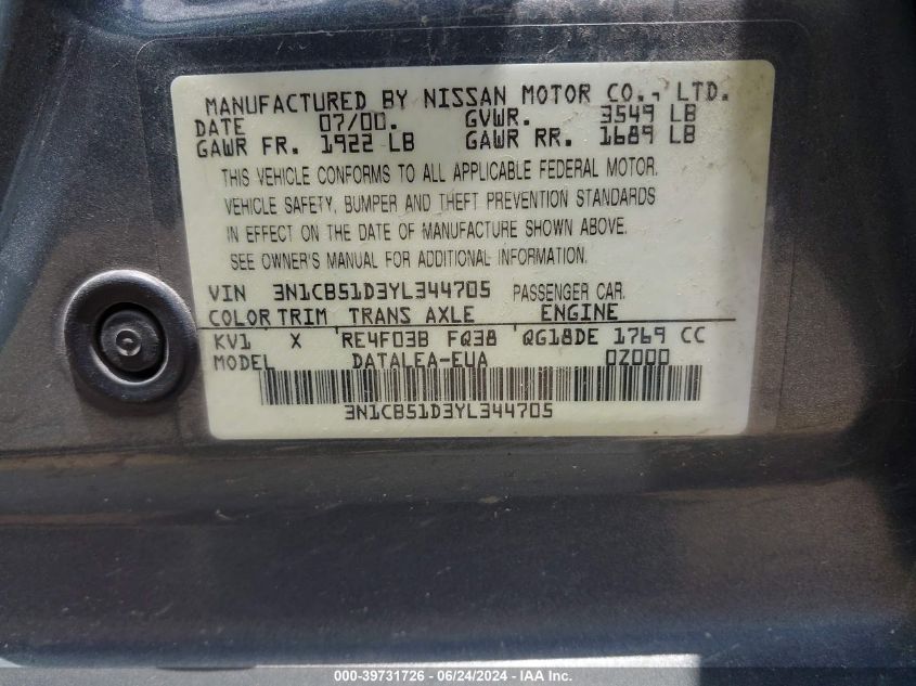 2000 Nissan Sentra Gxe/Xe VIN: 3N1CB51D3YL344705 Lot: 39731726