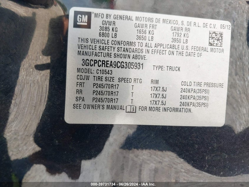 2012 Chevrolet Silverado 1500 C1500 Ls VIN: 3GCPCREA9CG305931 Lot: 39731734