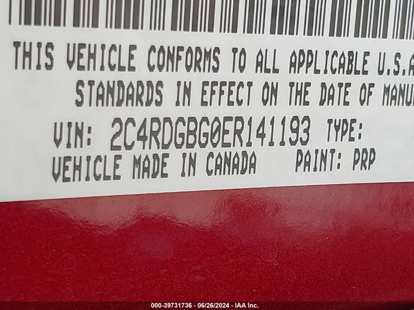2014 Dodge Grand Caravan Se VIN: 2C4RDGBG0ER141193 Lot: 39731736