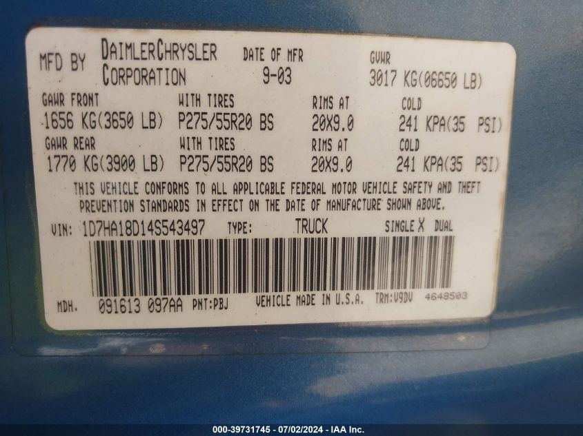 2004 Dodge Ram 1500 Slt/Laramie VIN: 1D7HA18D14S543497 Lot: 39731745