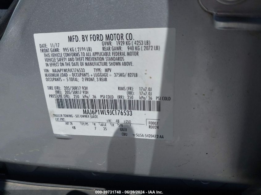 2018 Ford Ecosport Titanium VIN: MAJ6P1WL9JC176533 Lot: 39731748