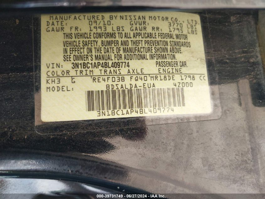 2011 Nissan Versa 1.8S VIN: 3N1BC1AP4BL409774 Lot: 39731749