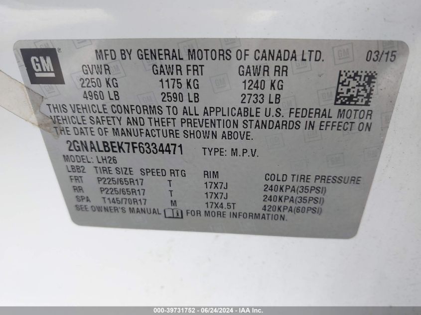 2015 Chevrolet Equinox 1Lt VIN: 2GNALBEK7F6334471 Lot: 39731752