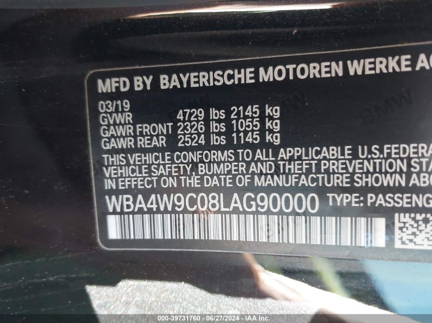 2020 BMW 440I xDrive VIN: WBA4W9C08LAG90000 Lot: 39731760