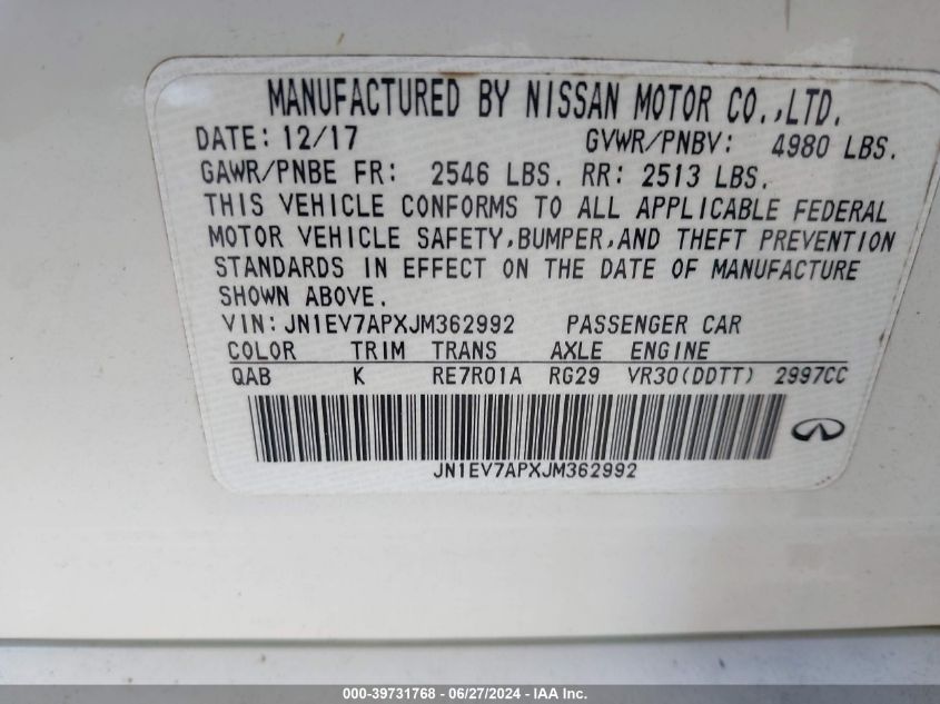 2018 Infiniti Q50 3.0T Luxe VIN: JN1EV7APXJM362992 Lot: 39731768