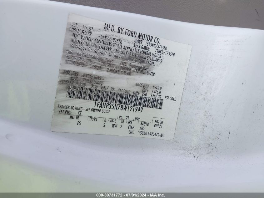 2008 Ford Focus Se/Ses VIN: 1FAHP35N78W121949 Lot: 39731772