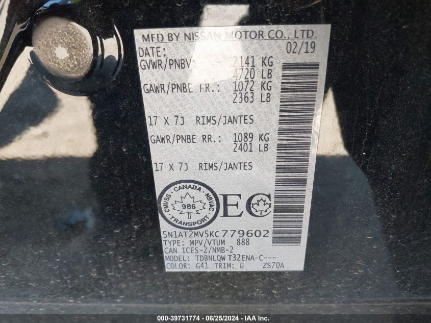 2019 Nissan Rogue S/Sl/Sv VIN: 5N1AT2MV5KC779602 Lot: 39731774